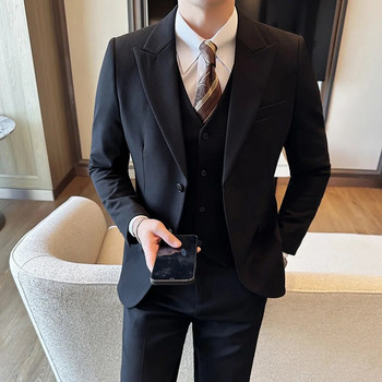 Μαλλί υψηλής ποιότητας (κοστούμι + γιλέκο + παντελόνι) Κομψό όμορφο ανδρικό επαγγελματικό casual σετ τριών τεμαχίων νυφικών Tencel