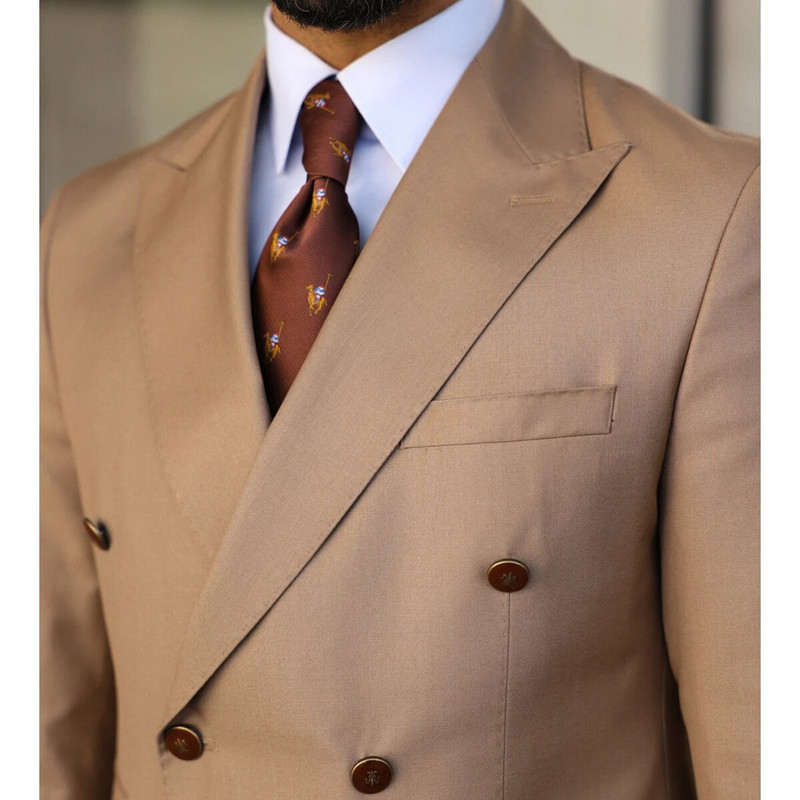 Khaki spalvos vyriški kostiumai su dviguba krūtine su atvartu Elegantiški iškilmingi proginiai drabužiai, 2 dalių striukinės kelnės Slim Fit Terno Masculino 정장