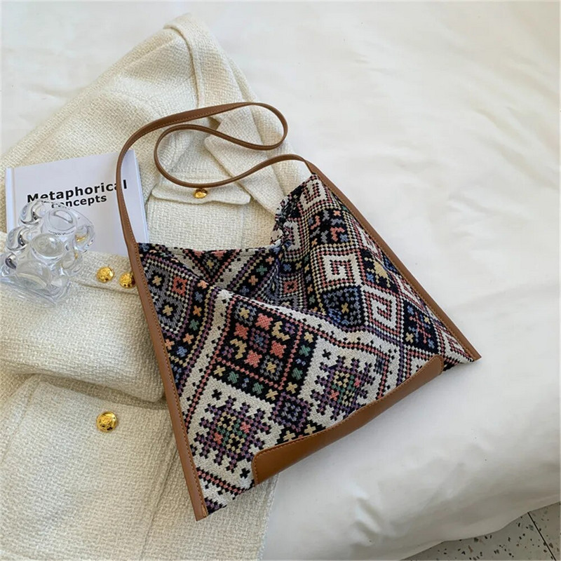 Ženska studentska platnena torba u retro etničkom stilu, platnene torbe za plažu, tkane, prijenosne, mekane, ležerne, boemske ručne izrade za putovanja