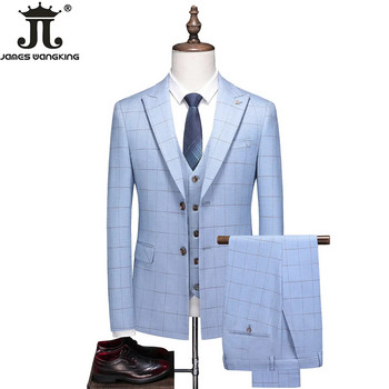 (Сако + жилетка + панталон) 2024 Нов моден бутиков кариран мъжки ежедневен бизнес костюм Сватбена рокля за младоженеца Официален тънък кариран костюм
