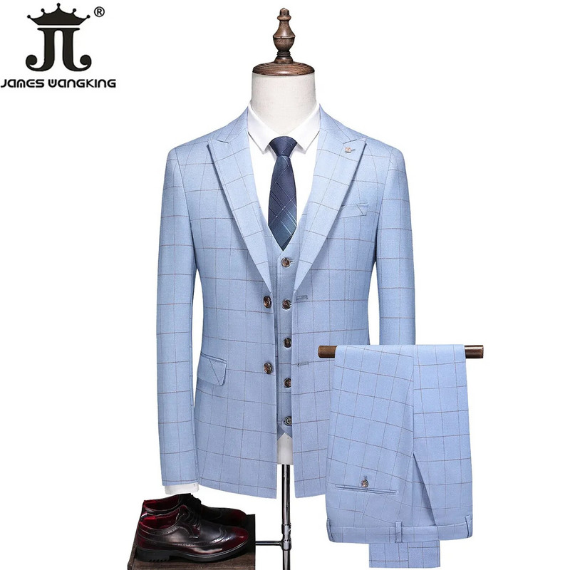 ( Jakna + prsluk + hlače ) 2024 New Fashion Boutique Karirano muško ležerno poslovno odijelo Vjenčanica za mladoženju Formalno usko karirano odijelo