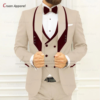 Καφέ κοστούμια για άντρες Λεπτή εφαρμογή Πολυτελές δείπνο Γαμπρός Γάμου Σμόκιν Προσαρμοσμένα στο σπίτι Ανδρικό γιλέκο φανελάκι 3 τεμαχίων