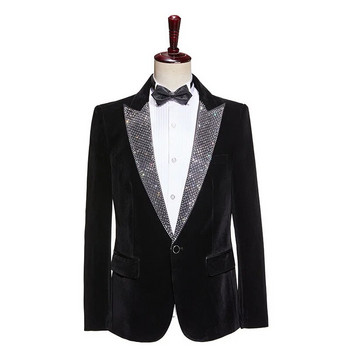 Елегантен мъжки кадифен костюм Черен мъжки комплект от две части с мъниста Сватбени костюми 2023 г. с папийонка