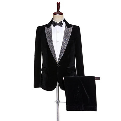 Елегантен мъжки кадифен костюм Черен мъжки комплект от две части с мъниста Сватбени костюми 2023 г. с папийонка