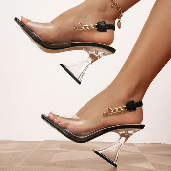 Liyke PVC прозрачни сандали за жени 2024 Лятна мода Квадратни отворени пръсти Верига задна каишка Обувки Crystal Strange Високи токчета