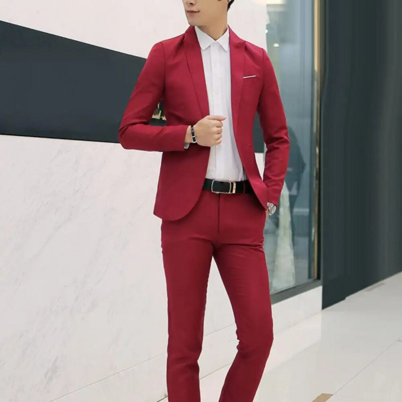 Madingi vyriški švarkų rinkiniai Verslo vestuvių vienspalviai atvartai ilgomis rankovėmis ploni švarkai ilgos kelnės Vyriški kostiumai trajes de hombre