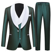 Vyriškas žalias juodas tamsiai mėlynas taškas Slim Fit jaunikis smokingo modelio striukė + kelnės + liemenė 3 dalių rinkinys su baltu atvartu Geriausi vyriški kostiumai