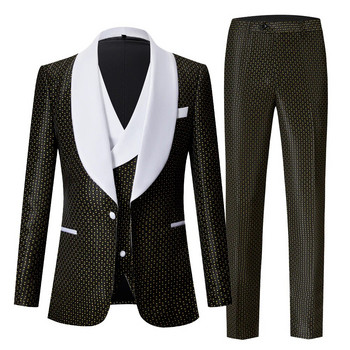 Мъжко зелено, черно, тъмносиньо на точки, прилепнало яке с модел смокинг за младоженеца + панталон + жилетка Комплект от 3 части с бял ревер Най-добрите мъжки костюми