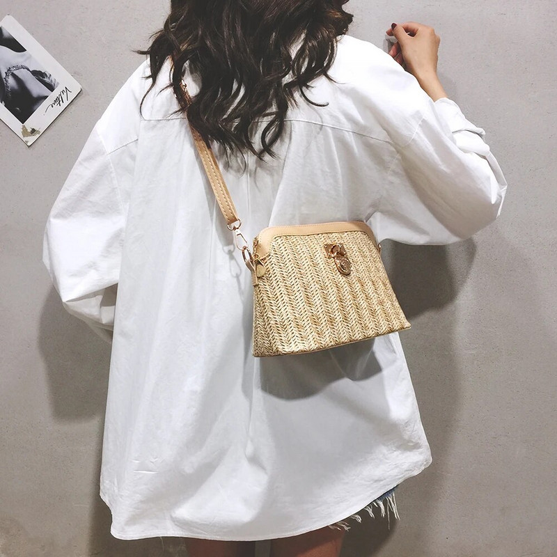 Straw Shell Crossbody Krepšys moterims Rattano šiaudinis pečių krepšys Raffia Boho Summer Beach austinė rankinė Piniginė Odinis pasiuntinių krepšys