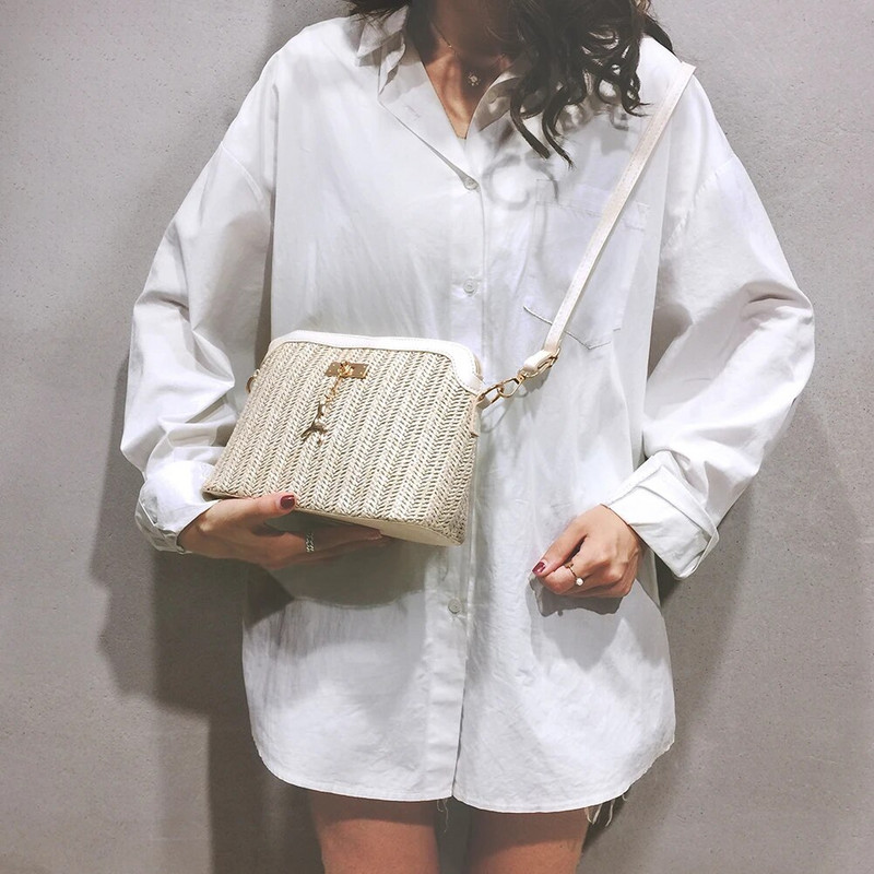Straw Shell Crossbody Krepšys moterims Rattano šiaudinis pečių krepšys Raffia Boho Summer Beach austinė rankinė Piniginė Odinis pasiuntinių krepšys