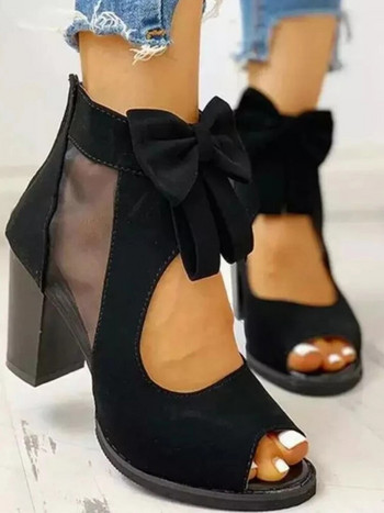 Дамски високи токчета, летни дамски елегантни мрежести сандали с възел на пеперуда, заден цип, парти сандалии, модни дамски обувки