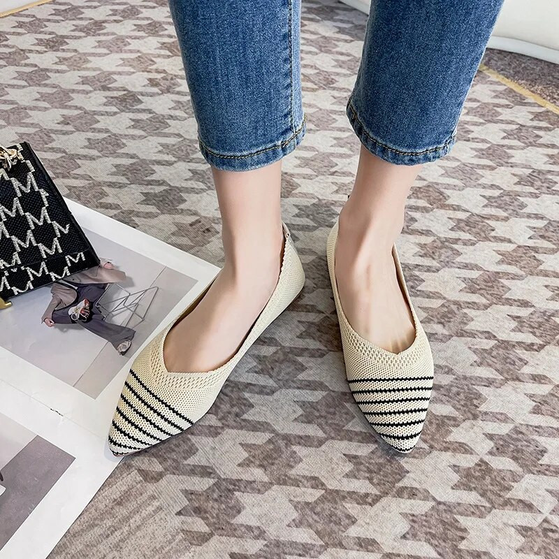 Moteriški plokščiapadžiai batai 2023 m. pavasario/rudens madingi batai laisvalaikiui, smailūs mezginiai, elastingi, patogūs bouteriai