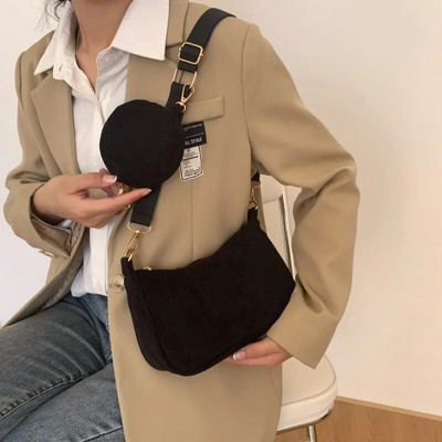 Модна ретро дамска чанта от 2023 г. Едноцветна кадифена дамска чанта Ежедневни чанти за през рамо с цип Дамски портмонета Дамска чанта