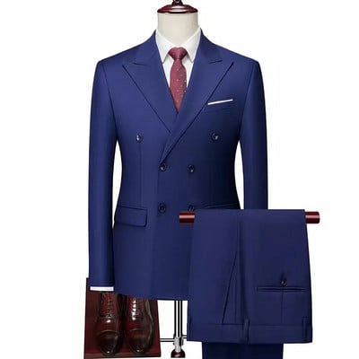Blazer Pants Boutique Fashion Solid Color Business Casual Mens Suit Two-piece Set Groom Wedding Dress Party Double Button Suit