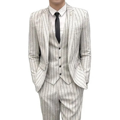 ( Jacket + Vest + Pants ) Boutique Fashion Striped Linen Men`s Retro Casual Business Suit 3Piece Set Groom Wedding Party Dress