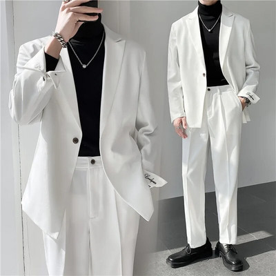 Κορεατικά φαρδιά ανδρικά κοστούμια Άνοιξη Καλοκαίρι Casual Λευκό Μαύρο Γκρι Διπλό Κοστούμι Νεανικού Κοστούμι χορού Homme Jacket+Pant