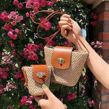 Mini Weave Straw Bag Bucket Bag за дамска чанта за през рамо за пътуване и ваканция Малка чанта през рамо Сладка дамска чанта в сладък стил