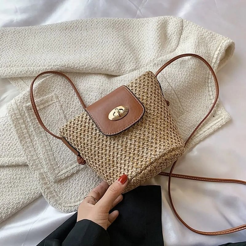 Mini tkana slamnata torba Bucket Bag za žene Putovanje Odmor Plaža Torba za rame Mala torba preko ramena Slatka torbica slatkog stila