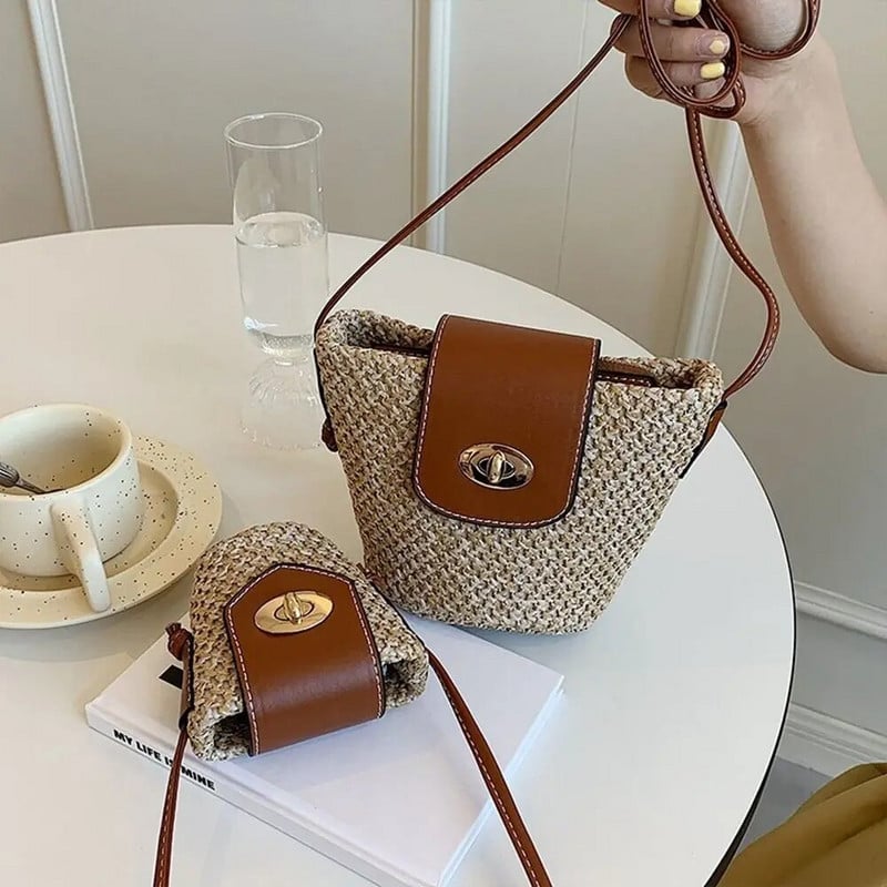 Mini tkana slamnata torba Bucket Bag za žene Putovanje Odmor Plaža Torba za rame Mala torba preko ramena Slatka torbica slatkog stila