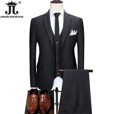 (Сако + жилетка + панталон) Бутикова модна марка от висок клас Мъжки официален офис бизнес костюм от 3 бр. Комплект сватбена рокля за младоженеца