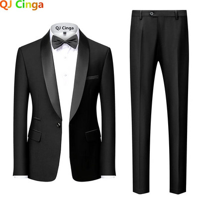 Черни мъже Mariage Color Block Collar Suits Яке Панталони Мъжки бизнес ежедневни сватбени блейзъри Палто Панталони Комплект от 2 части S-6XL