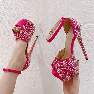 Liyke Лятна мода Crystal Rhinestone Копринени сандали на платформа за жени Секси Peep Toe Stripper Heels Сватбени банкетни обувки Помпи