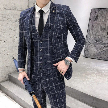 ( Σακάκι + Γιλέκο + Παντελόνι ) Ανδρική μπουτίκ μόδας καρό επίσημο επαγγελματικό κοστούμι Λεπτό καρό ανδρικό γαμήλιο κοστούμι μπεζ γκρι μαύρο μπλε