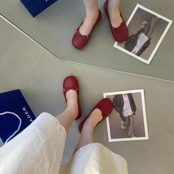 Дамски равни обувки Пролетни нови квадратни пръсти с плитък лък Универсални единични обувки