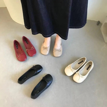 Дамски равни обувки Пролетни нови квадратни пръсти с плитък лък Универсални единични обувки