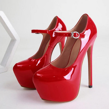 Секси червени помпи на платформа с високи токчета, 17 см, дамски модни обувки с лачена кожа с кръгли пръсти и катарама, парти сватбени обувки за стриптийз