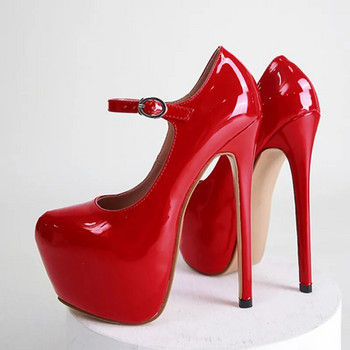 Секси червени помпи на платформа с високи токчета, 17 см, дамски модни обувки с лачена кожа с кръгли пръсти и катарама, парти сватбени обувки за стриптийз