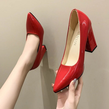 10 см висок ток Цветни помпи Дамски обувки с остри пръсти Модни червени 3,9 инча масивни токчета Лачена кожа Дамски големи размери 49 50