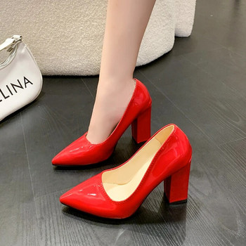 10cm Ψηλοτάκουνο Πολύχρωμες Pumps Γυναικεία Παπούτσια Μυτερή Μόδα Κόκκινο 3,9 ιντσών Χοντροί γόβες λουστρίνι Γυναικείο Plus μέγεθος 49 50