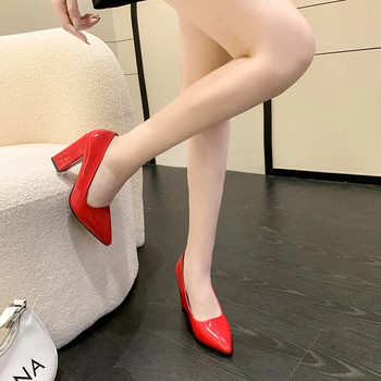 10 см висок ток Цветни помпи Дамски обувки с остри пръсти Модни червени 3,9 инча масивни токчета Лачена кожа Дамски големи размери 49 50