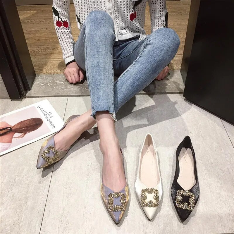 Satenske gradijentne boje sa šiljatim prstima Ravne cipele Ženske nove proljeće/jesen Vjenčane cipele za djeveruše s vještačkim dijamantima Ženske cipele
