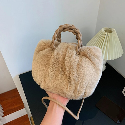 Ženska elegantna torba na rame Jednobojna pahuljasta messenger torbica s tkanom ručkom Preko ramena torbice Prijenosna mala torba za djevojke