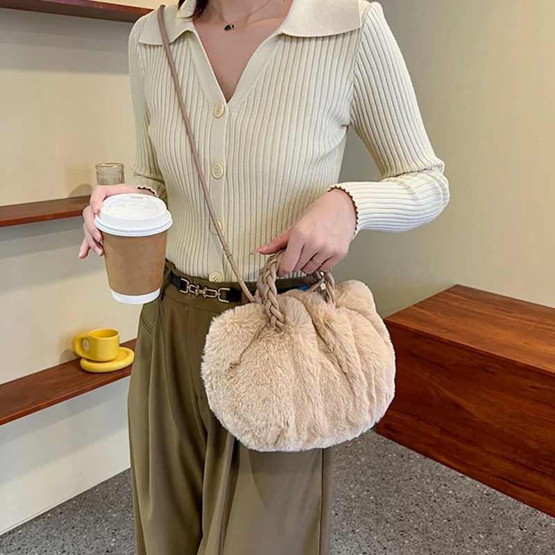 Ženska elegantna torba na rame Jednobojna pahuljasta messenger torbica s tkanom ručkom Preko ramena torbice Prijenosna mala torba za djevojke