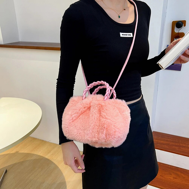 Ženska elegantna torba na rame Jednobojna pahuljasta messenger torbica s tkanom ručkom Preko ramena torbice Prijenosna mala torba za djevojke