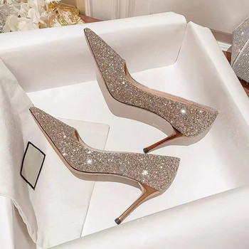Високи токчета Дамски сватбени обувки Булчински златни токчета Луксозни дизайнерски елегантни парти сандали Рокля с ленти Pole Dance Секси сребърни токчета