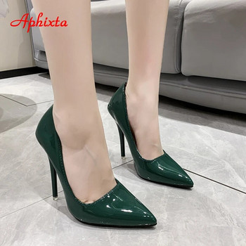 Aphixta Four Seasons Green Super High 12cm Γόβες Stiletto Γυναικείες Αντλίες Fashion Μυτερές Δερμάτινες Δερμάτινες λουστρίνια Παπούτσια γραφείου Plus 45