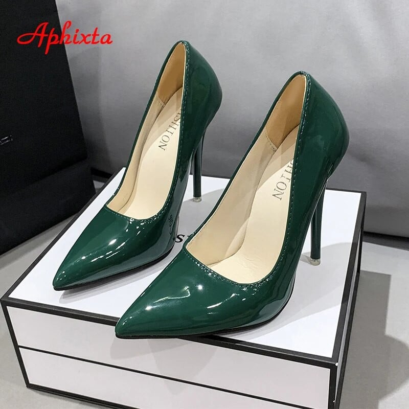 Aphixta Four Seasons Zelene super visoke stiletto pete od 12 cm Ženske salonke Modne lakirane uredske cipele sa šiljatim prstima Plus 45
