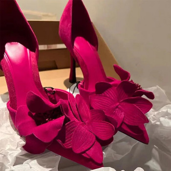 Елегантни дамски обувки на висок ток Обувки със затворени пръсти със сладка роза 2023 Лято 2023 г. Модна рокля с остри крака Дамски сандали
