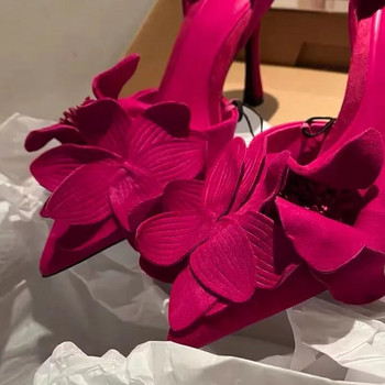 Елегантни дамски обувки на висок ток Обувки със затворени пръсти със сладка роза 2023 Лято 2023 г. Модна рокля с остри крака Дамски сандали