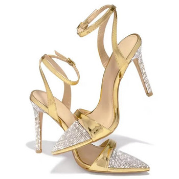 Дамски сандали 2023 лято Нов дизайн Луксозна кристална каишка Кожени обувки с висок ток Модни секси парти златни високи токчета с остри пръсти