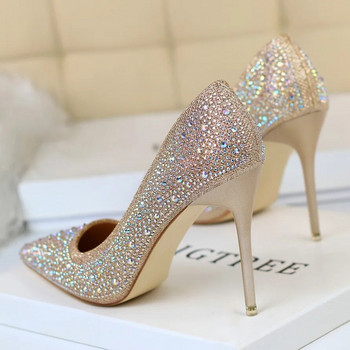 Дамски 10 см високи токчета Стриптизерки Bling Scarpins Помпи Lady Stiletto Wedding Bridal Party Fetish Crystal Rhinestone Gold Prom обувки