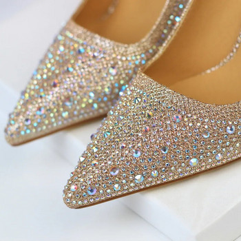 Дамски 10 см високи токчета Стриптизерки Bling Scarpins Помпи Lady Stiletto Wedding Bridal Party Fetish Crystal Rhinestone Gold Prom обувки