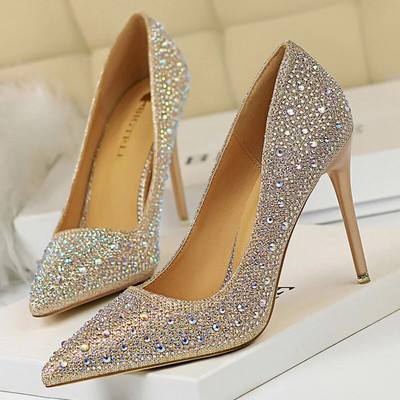 Ženske 10 cm visoke potpetice striptizete Bling Scarpins Pumpice Lady Stiletto Wedding Svadbena zabava Fetiš Crystal Rhinestones Gold Prom Cipele