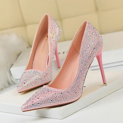 Ženske 10 cm visoke potpetice striptizete Bling Scarpins Pumpice Lady Stiletto Wedding Svadbena zabava Fetiš Crystal Rhinestones Gold Prom Cipele