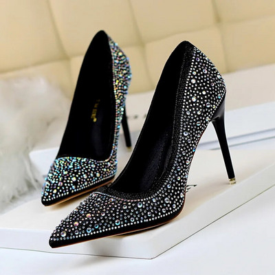 Ženske 10 cm visoke potpetice striptizete Bling Scarpins Pumpice Lady Stiletto Wedding Svadbena zabava Fetiš Crystal Rhinestones Gold Prom Cipele