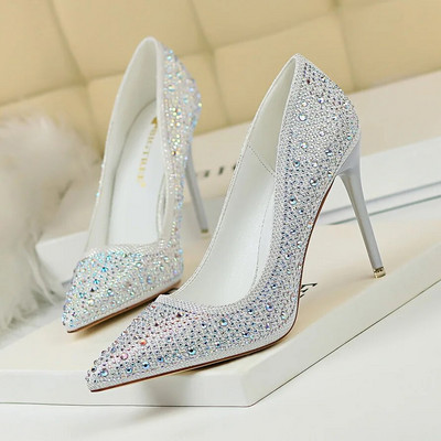 Ženske 10 cm visoke potpetice striptizete Bling Scarpins Pumpice Lady Stiletto Wedding Svadbena zabava Fetiš Crystal Rhinestones Gold Prom Cipele